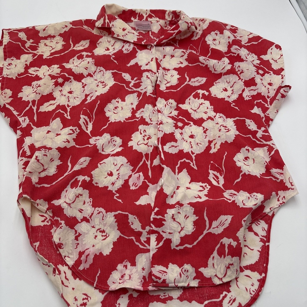 Lady Sutton Floral Blue Size Small Button Up Short Sleeves Red White Made In USA